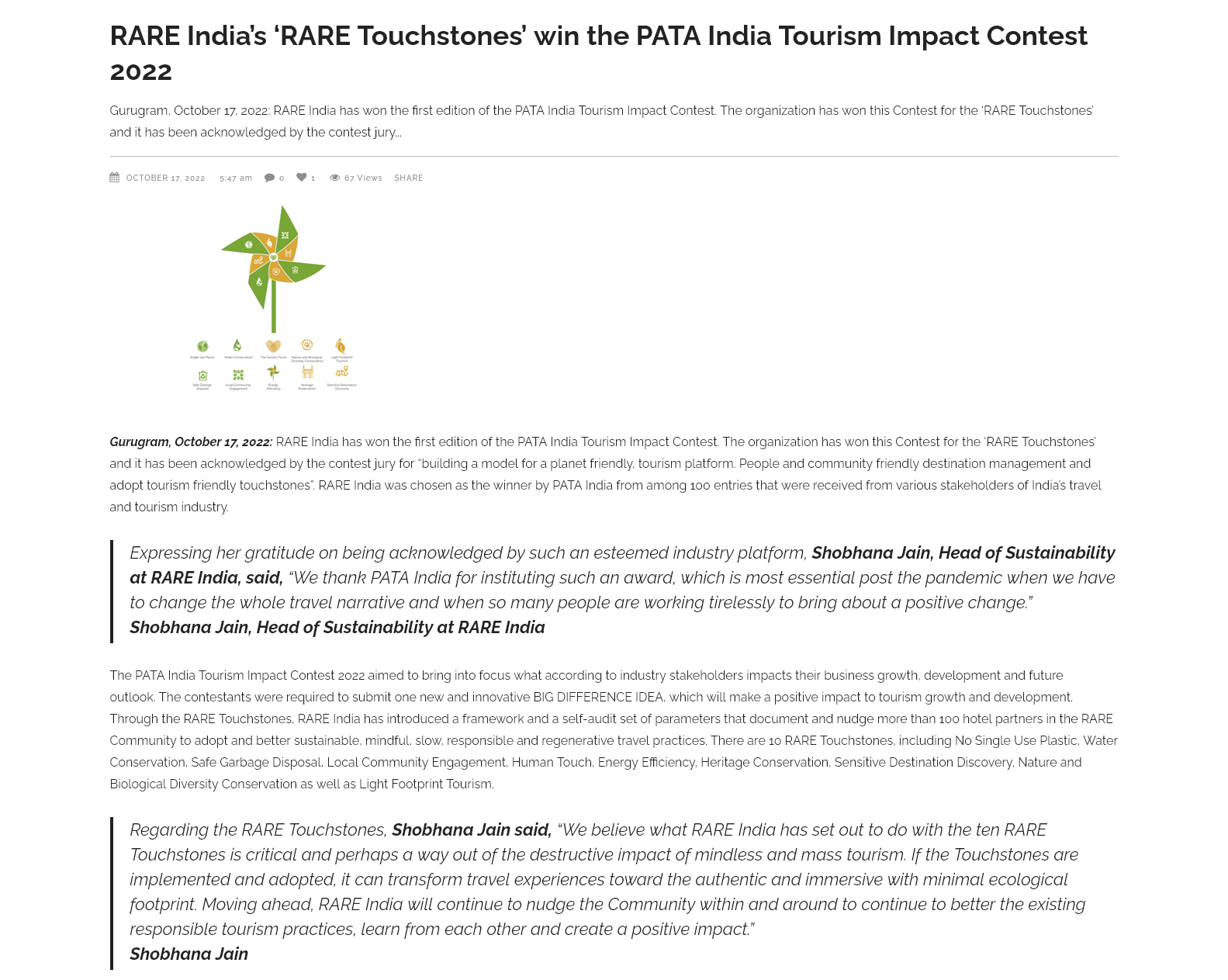 RARE India’s ‘RARE Touchstones’ win the PATA India Tourism Impact Contest 2022