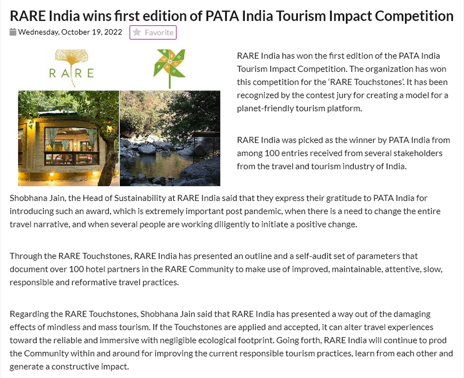 RARE India wins first edition of PATA India Tourism Impact Competition