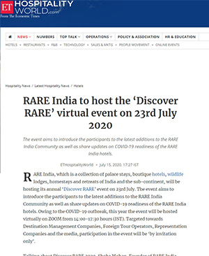 ET Hospitalityworld.com: RARE India to host the 'Discover RARE' as a virtual event
